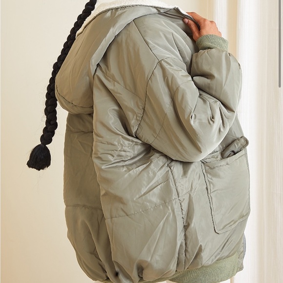 Olive Green Sherpa Lined Hooded Bomber Jacket - Picture 3 of 5